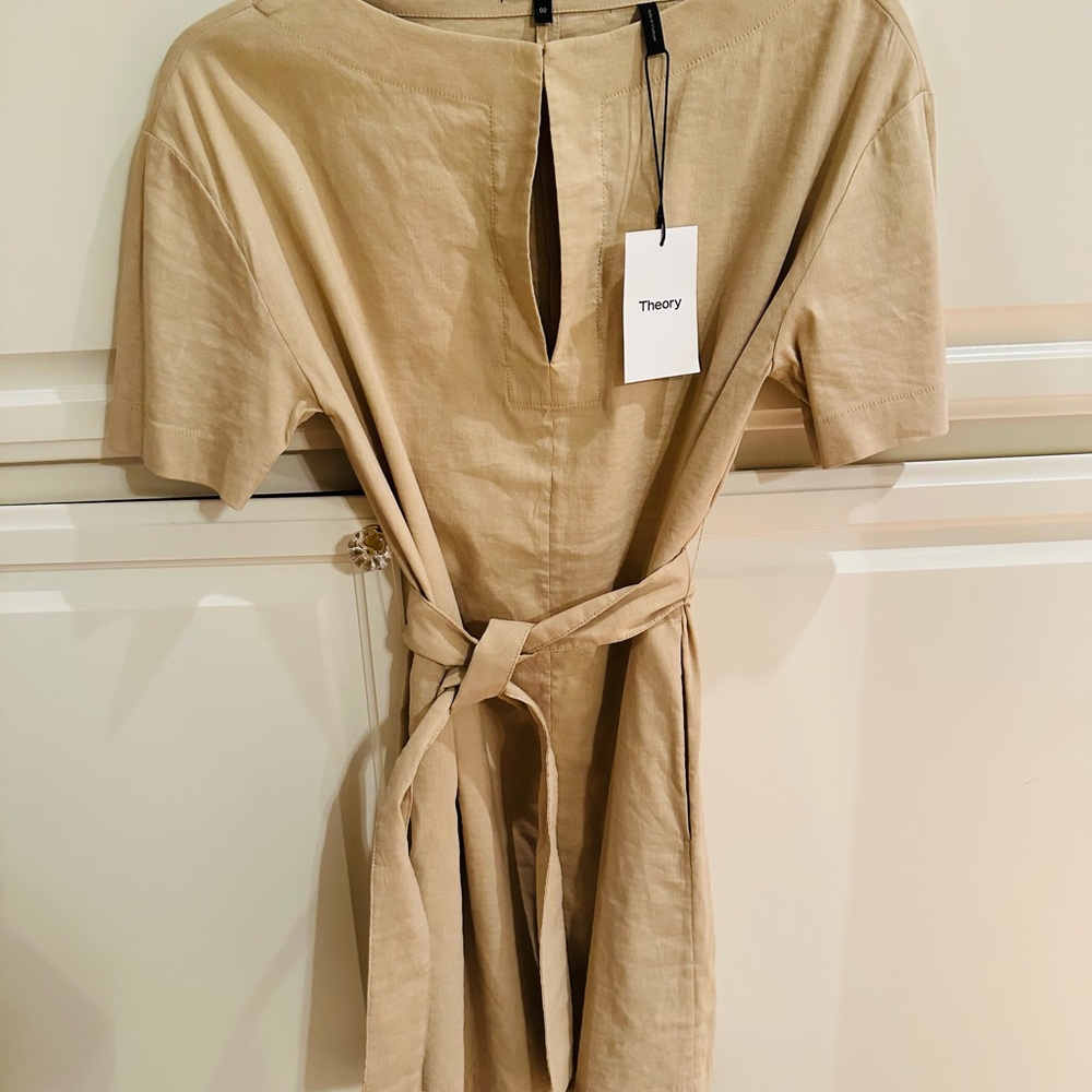 Theory  Slit Front Linen Blend Shirt  Dress Color: Tan , size 00